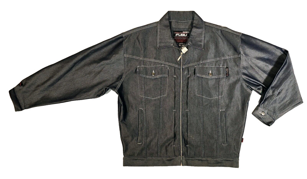 Vintage FUBU Thick Metallic Black Denim Full Zip Trucker Jacket Size XXL New